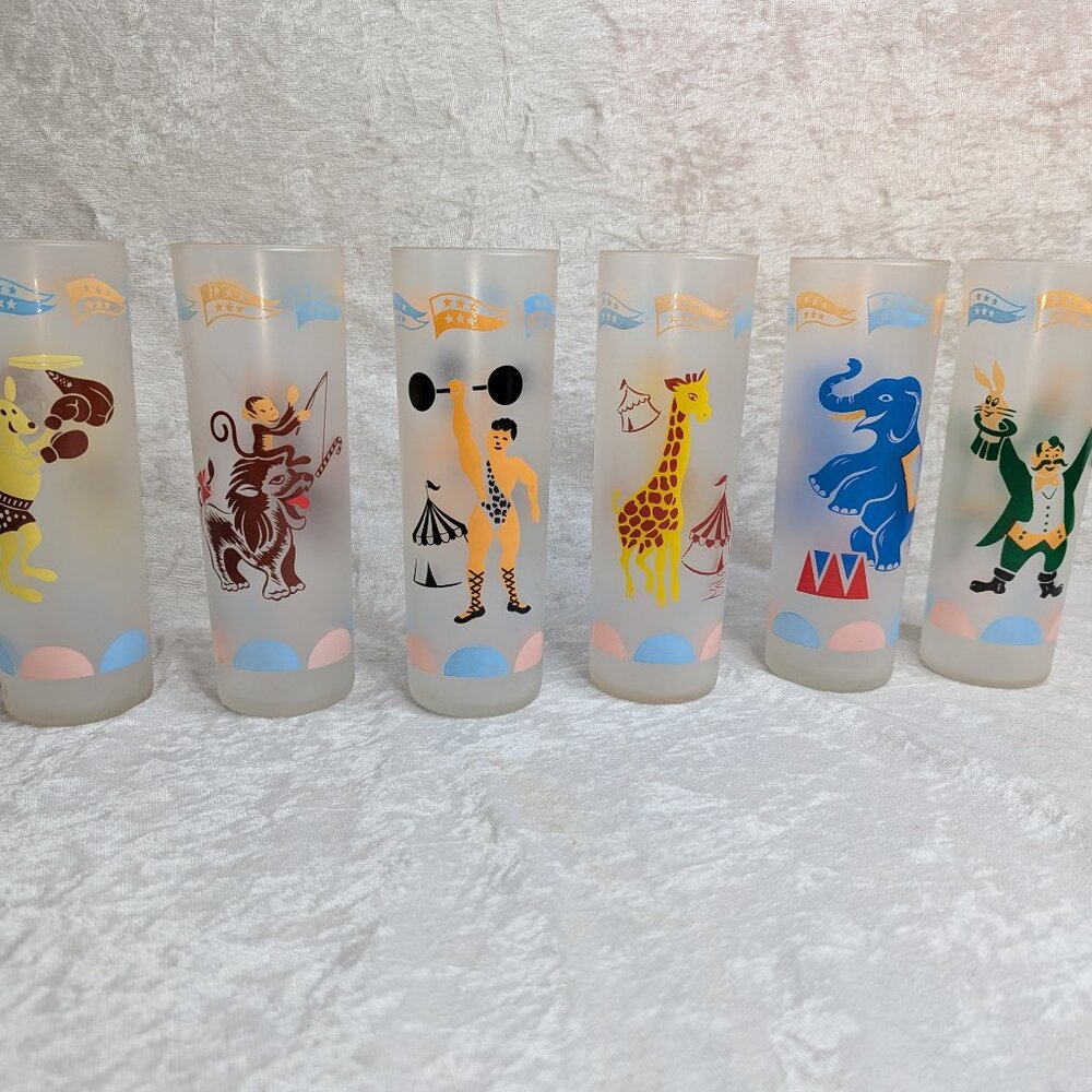 Set Of 6 Vintage Libbey Frosted Carousel Circus Iced Tea Collins Tall Glasses Ba